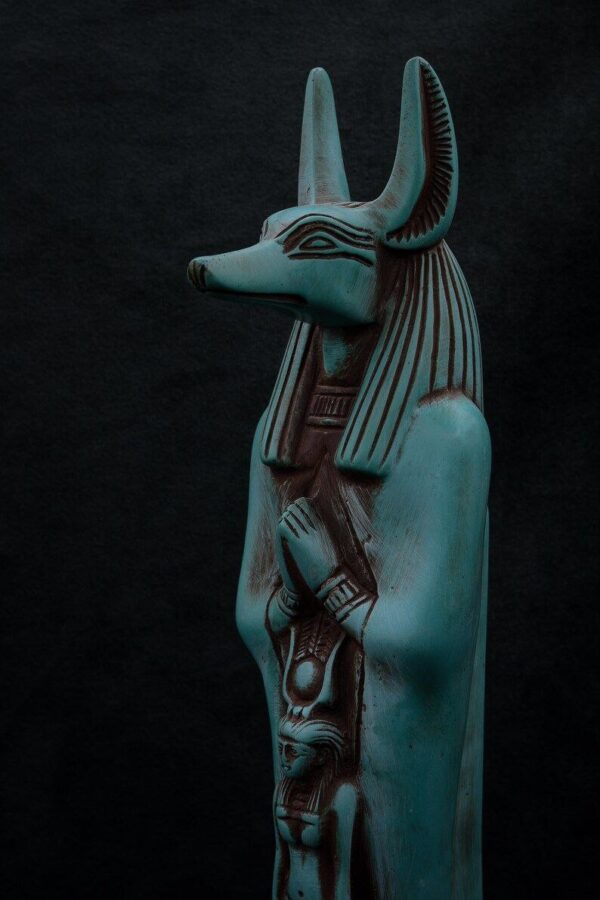 Anubis statue green ancient Egyptian God of Death head jackal with goddess isis From in Egypt