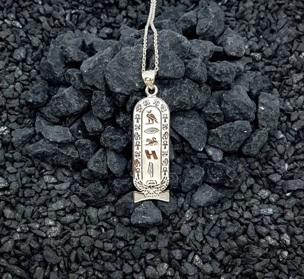 Customized Cartouche Pendant, Sterling Silver Winged Scarab Necklace, Your Name in Hieroglyphic Symbols, Personalized Egyptian Jewelry. - Image 2