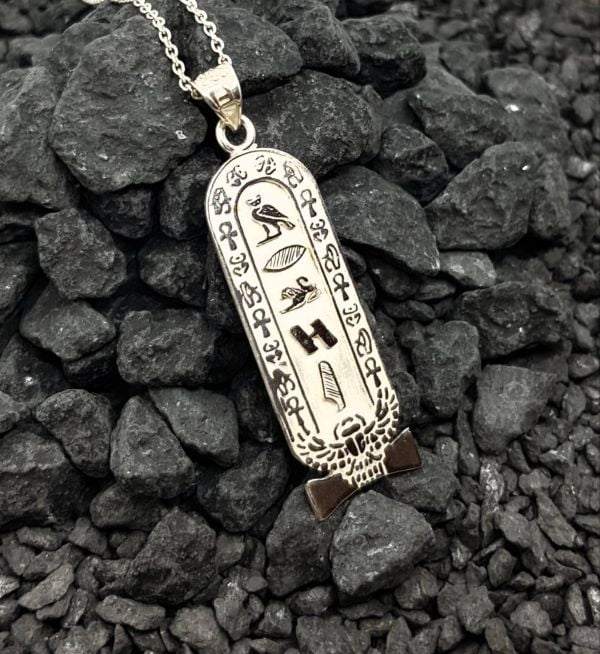 Customized Cartouche Pendant, Sterling Silver Winged Scarab Necklace, Your Name in Hieroglyphic Symbols, Personalized Egyptian Jewelry.