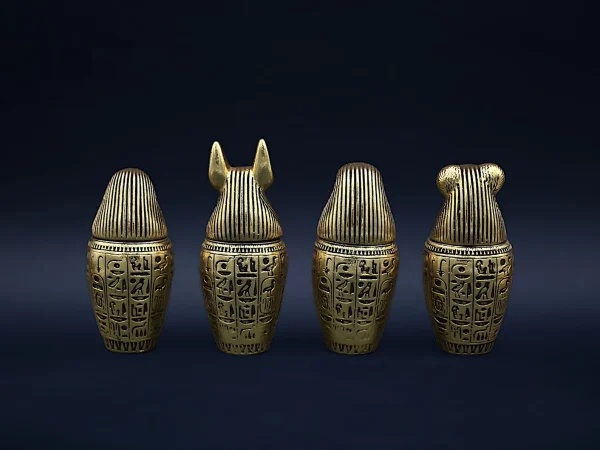 Set of four canopic jars organs Sculpture ancient Egyptian art heavy stone covered by gold leaf, made in Egypt - Image 2