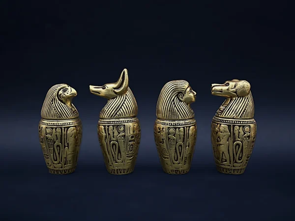 Set of four canopic jars organs Sculpture ancient Egyptian art heavy stone covered by gold leaf, made in Egypt - Image 4