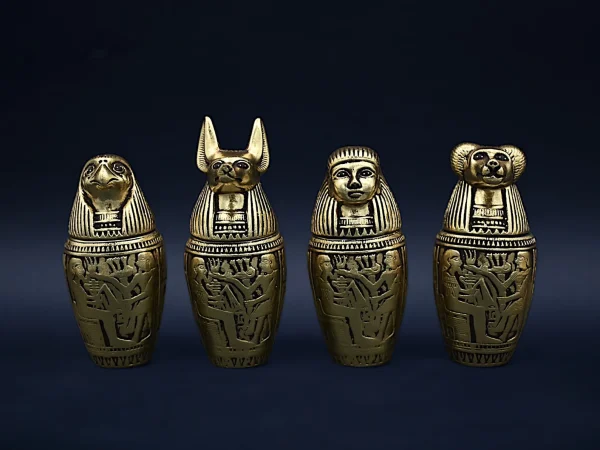 Set of four canopic jars organs Sculpture ancient Egyptian art heavy stone covered by gold leaf, made in Egypt - Image 7