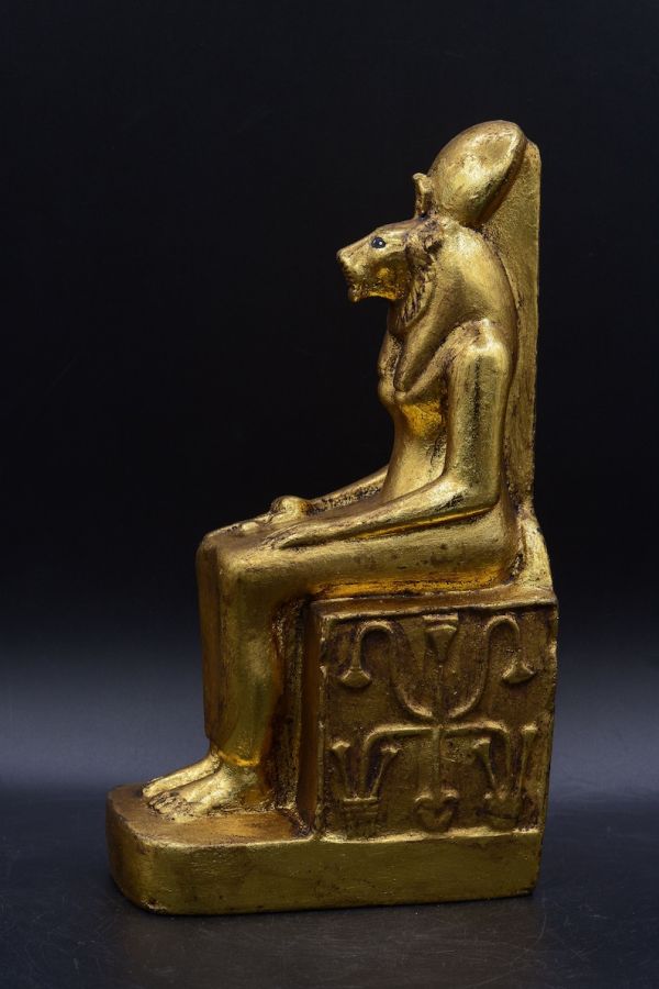 statue of Egyptian Goddess Sekhmet Sculpture seated heavy stone gold made in egypt - Image 4