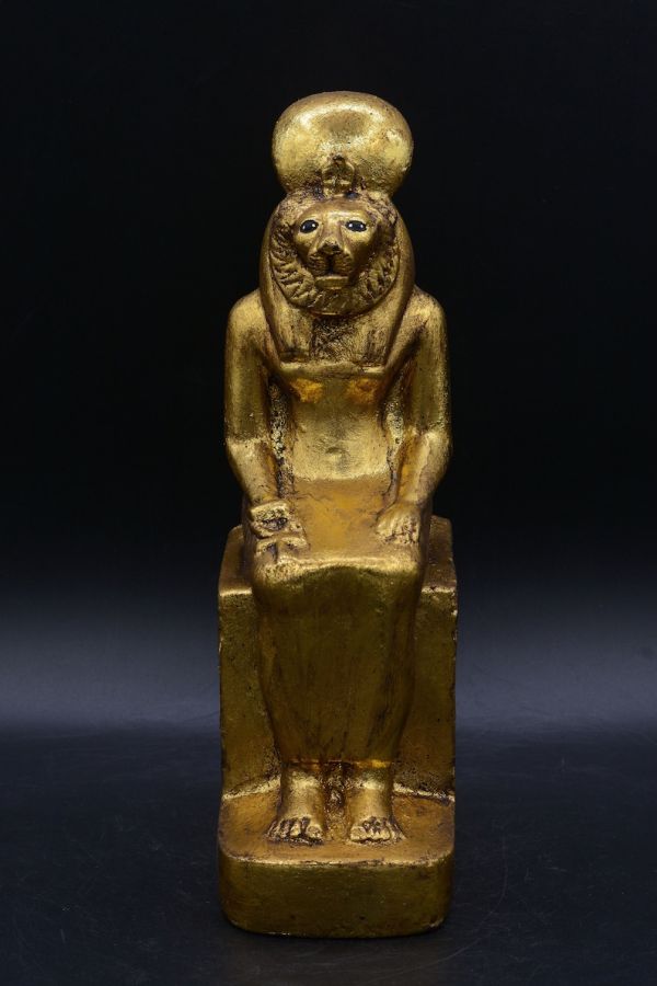 statue of Egyptian Goddess Sekhmet Sculpture seated heavy stone gold made in egypt - Image 5