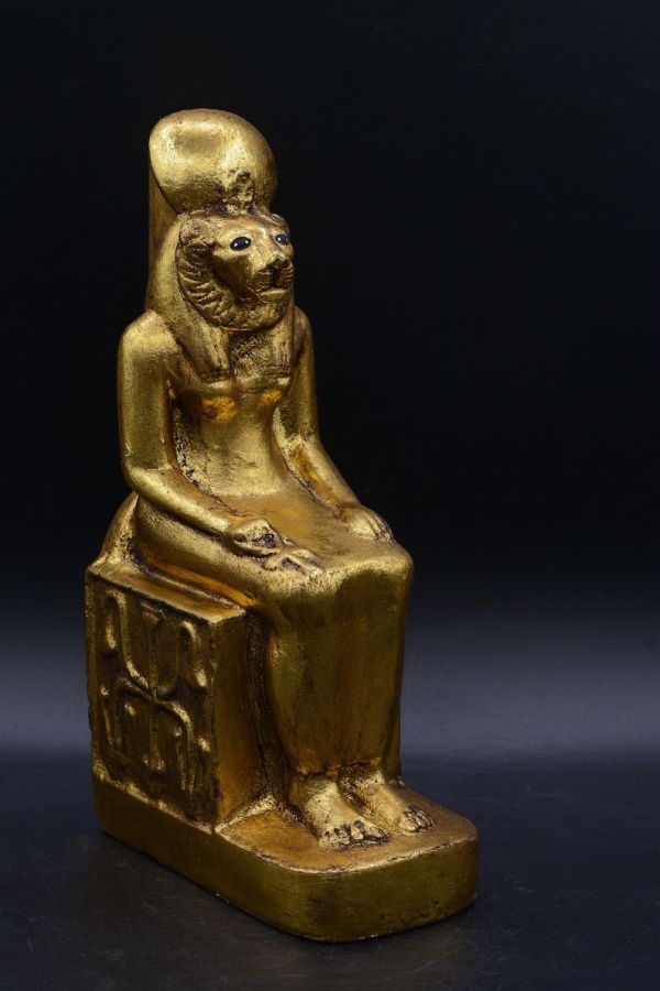 statue of Egyptian Goddess Sekhmet Sculpture seated heavy stone gold made in egypt