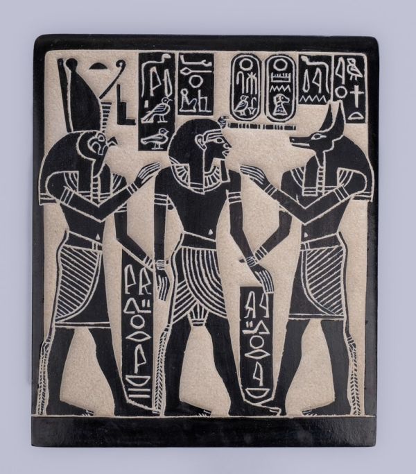 Unique ancient Egyptian Wall relief of Anubis and Horus bless Ramses II heavy basalt stone hand carved made in Egypt